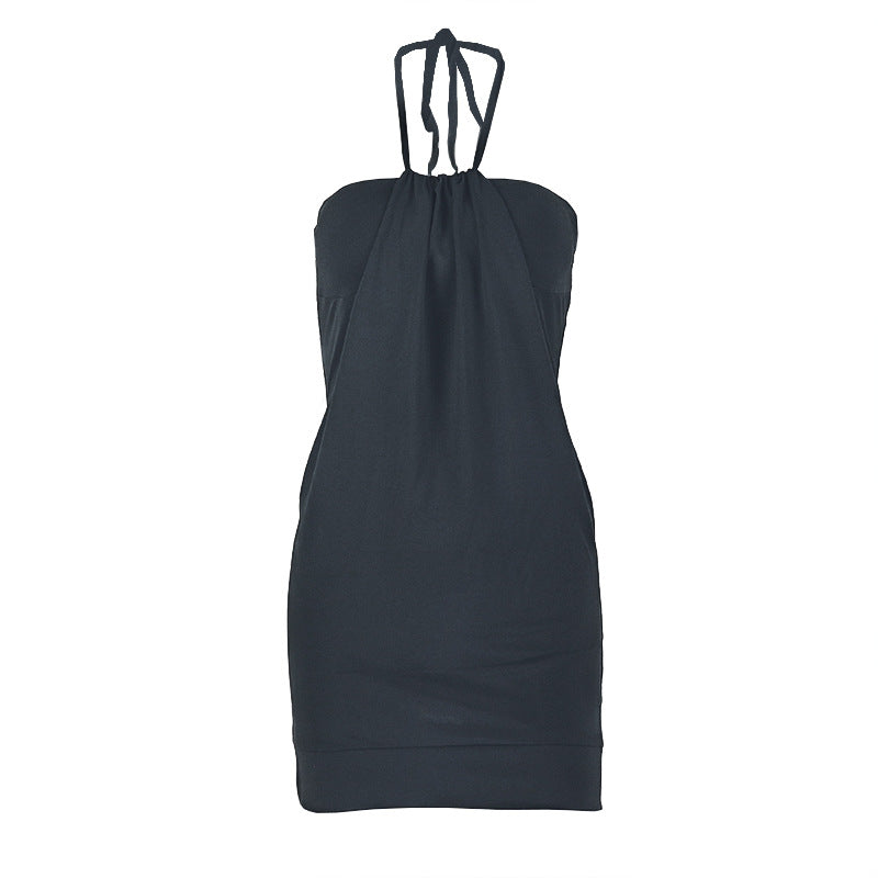 Women's Solid Color Shopping Backless Halter Hip Design Dress