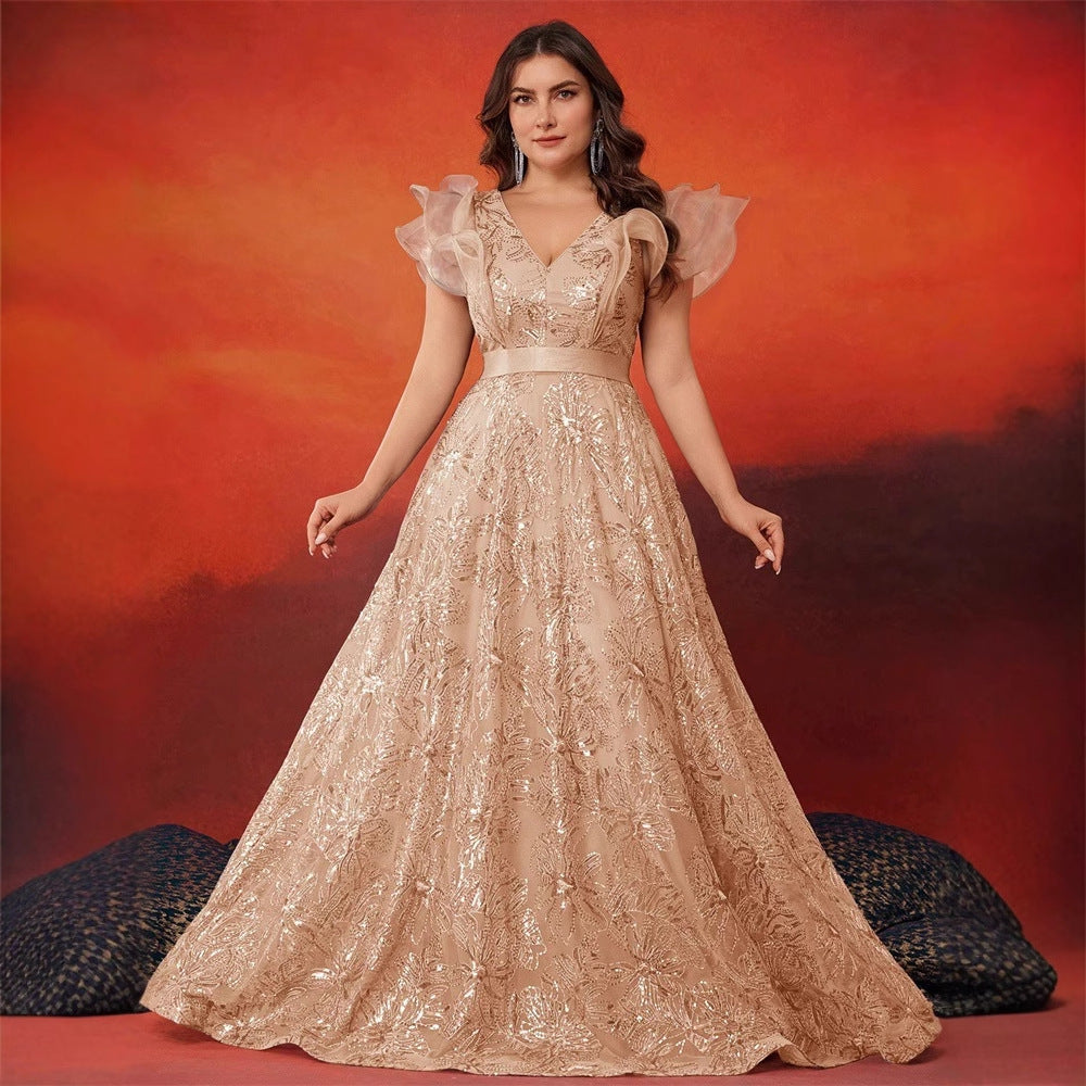 Plus Size Sequin Ruffle V-Neck Maxi Dress