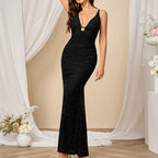 Women's Mesh Camisole V Neck Square Silver Strip Backless Sheath Dress