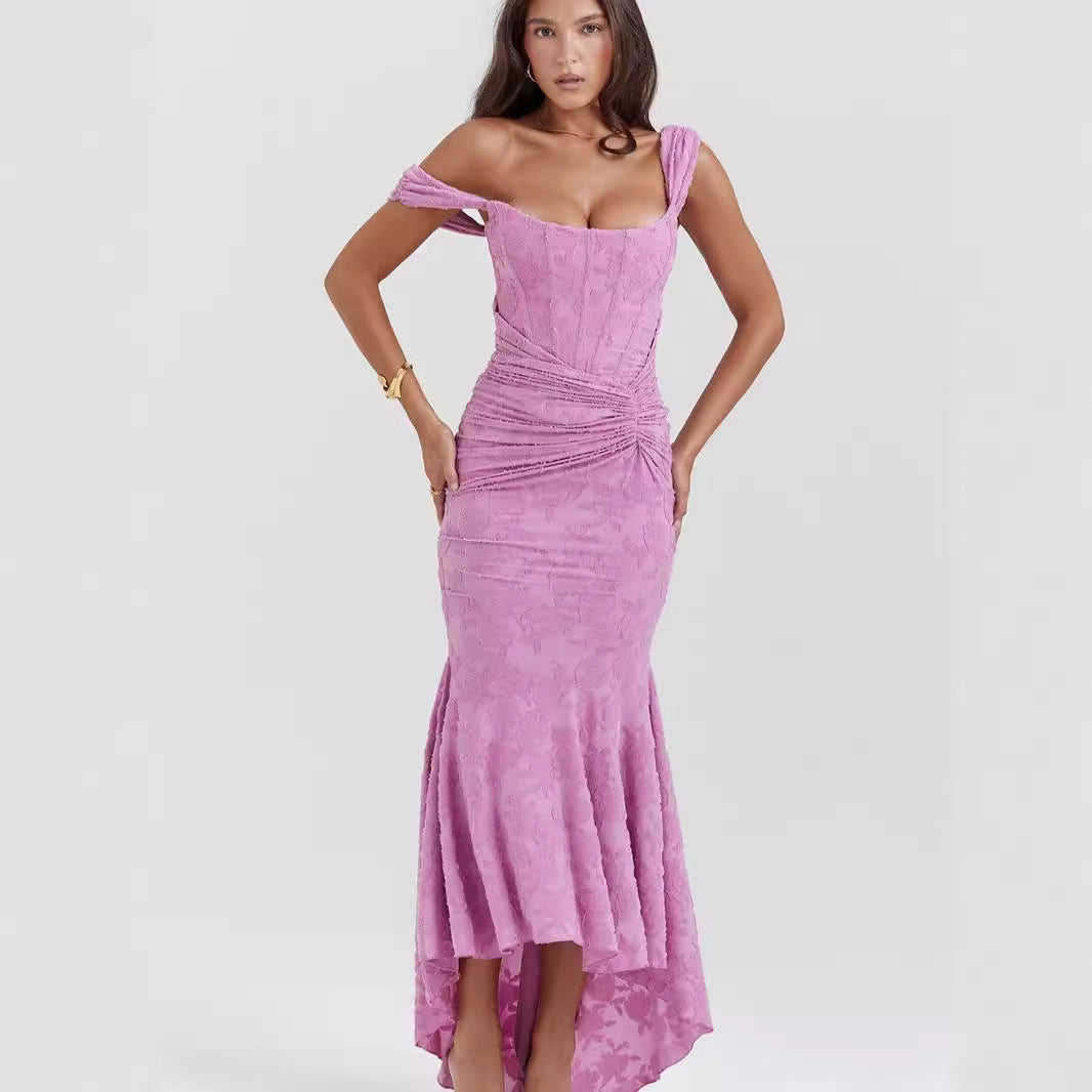 Autumn Square Collar Elastic Net Jacquard Pleated Sleeveless Fishtail Cami