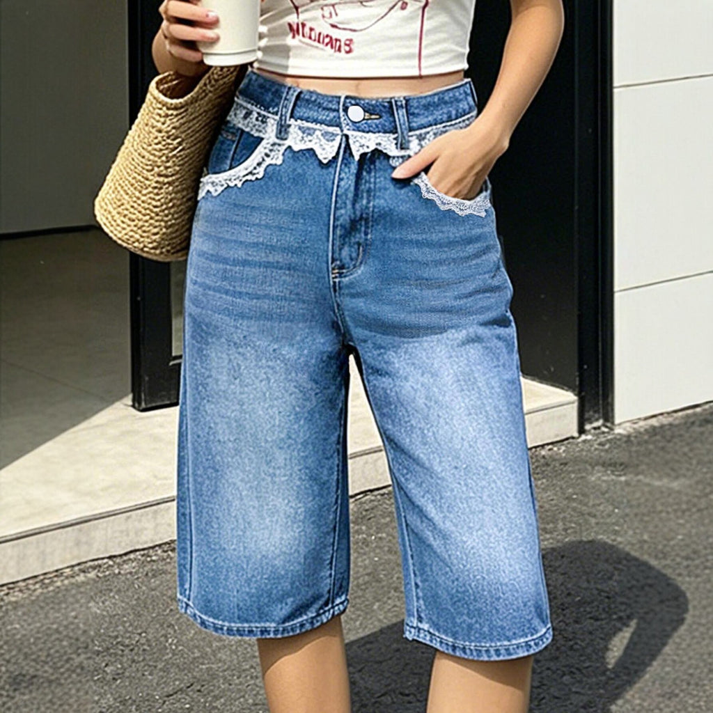 Lace Stitching Lace HW Denim Shorts Women Loose Straight