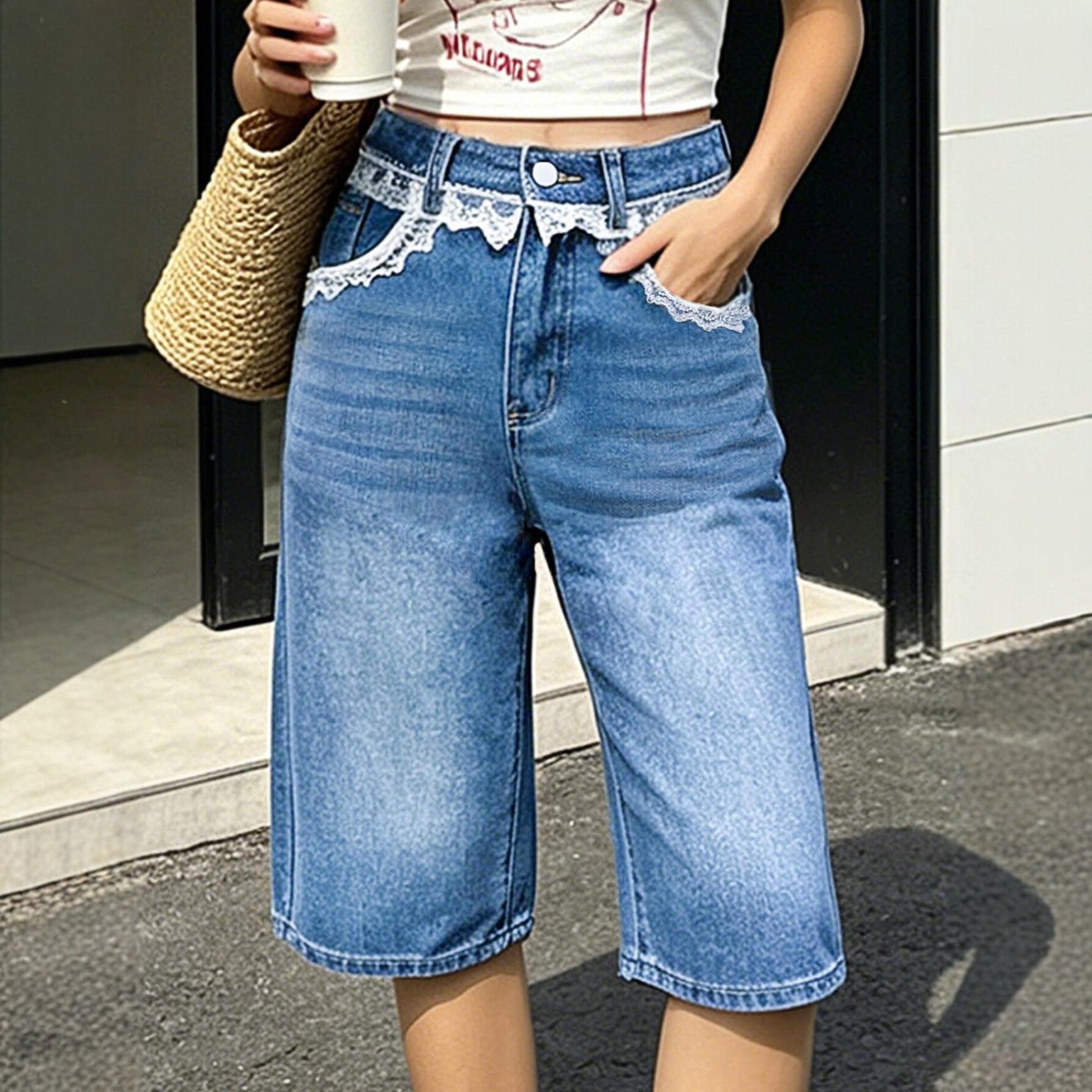 Lace Stitching Lace HW Denim Shorts Women Loose Straight