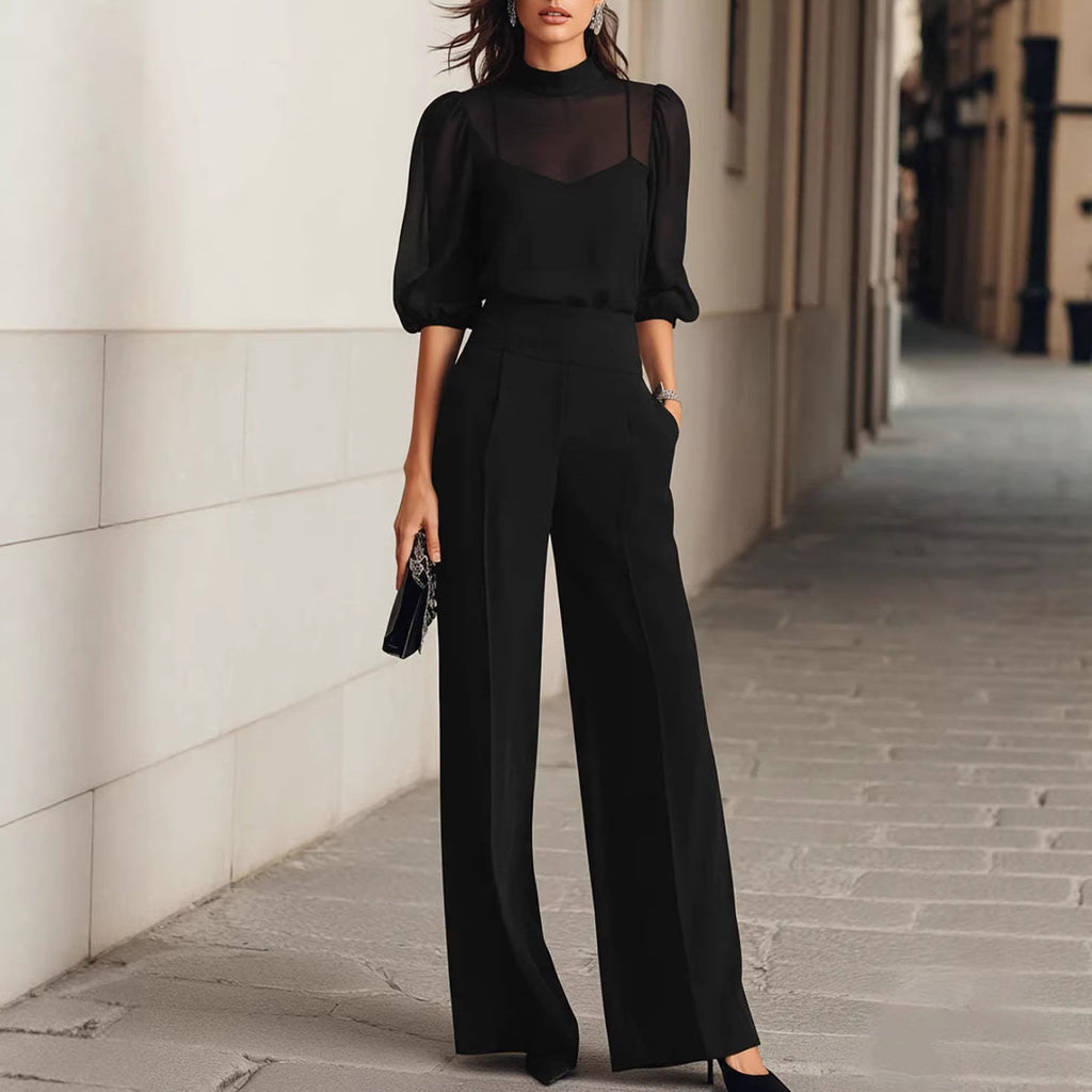 Women Summer Slimming Printed Short Sleeved Wide Leg Pants Three Piece Set