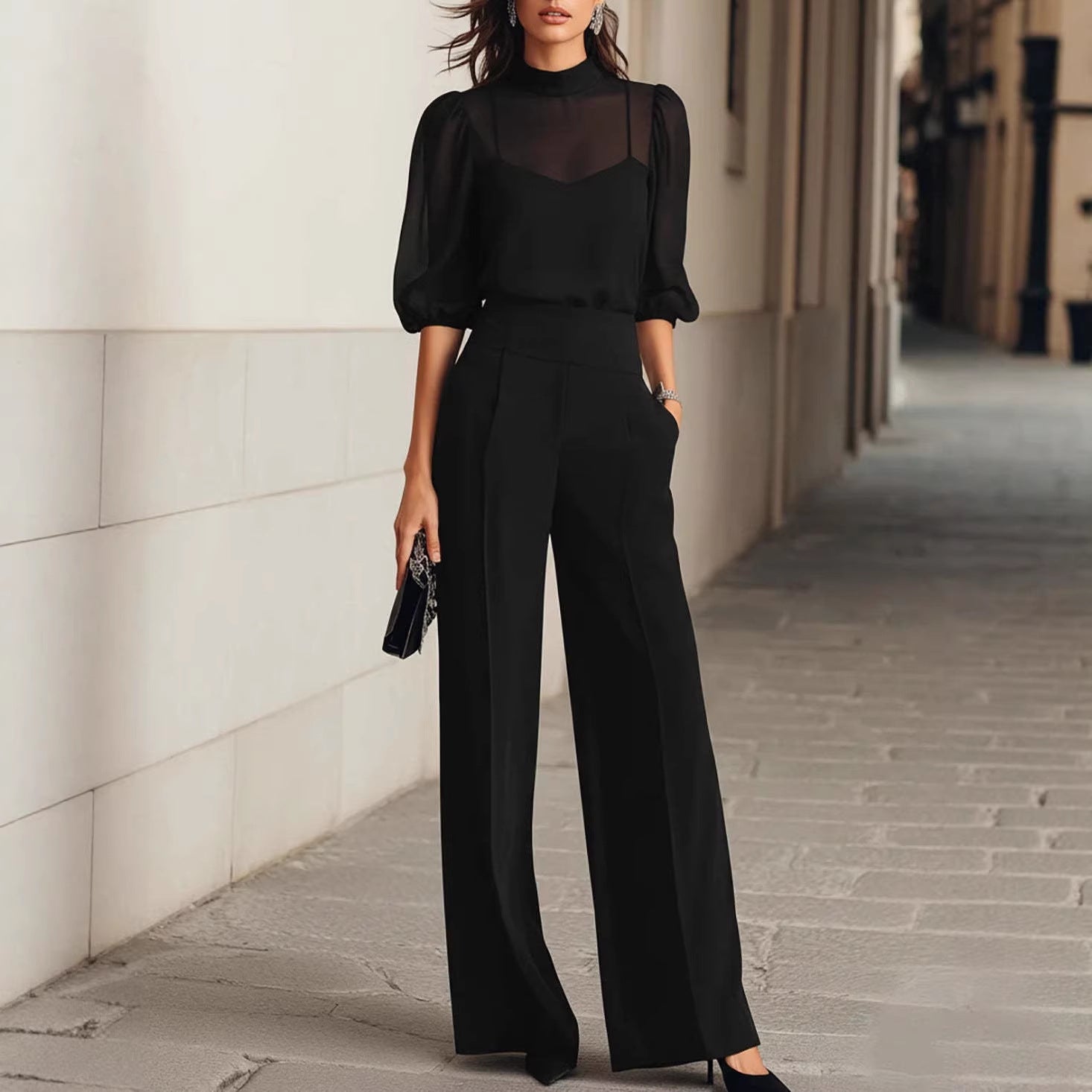 Women Summer Slimming Printed Short Sleeved Wide Leg Pants Three Piece Set