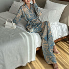 Women's 70french Print Long Sleeve Lace Up Shirt High Waist Wide Leg