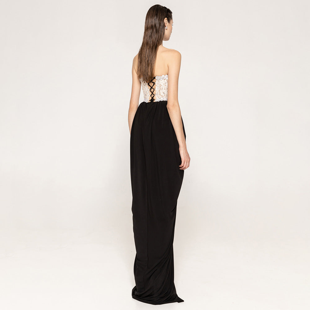 Women's Lace Bead Strapless Dress High Elastic Split Long