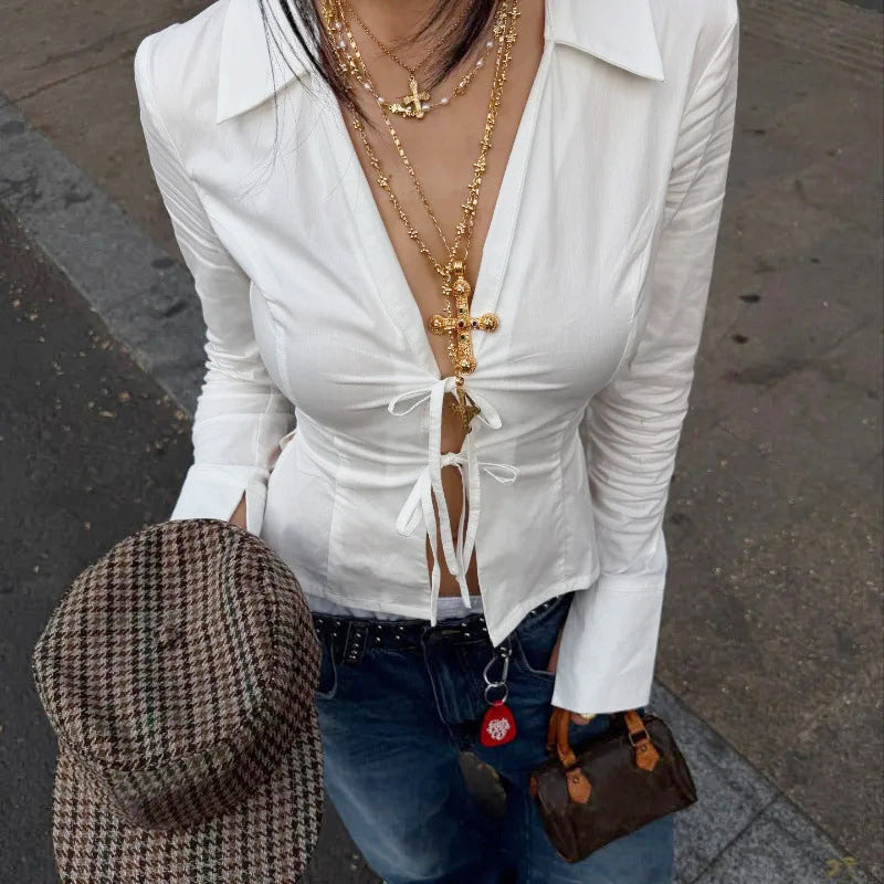 Sexy White Shirt Women Lace up Waist Controlled Long