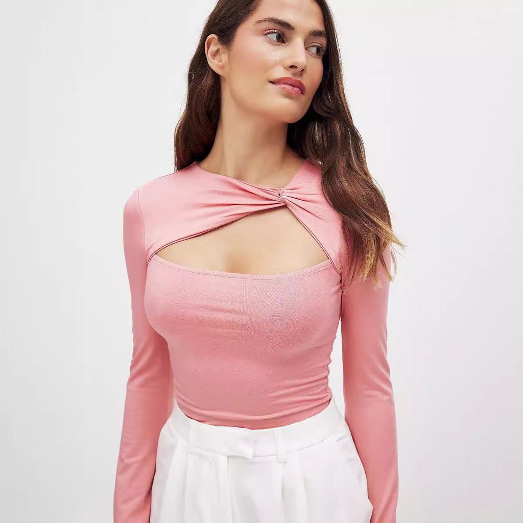 Women's Out Cutout Faux Two Piece Slim Fit Slimming Long Sleeves Top