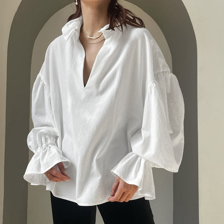 Women's White Shirt Texture Loose V Neck Puff Sleeve Long Sleeved