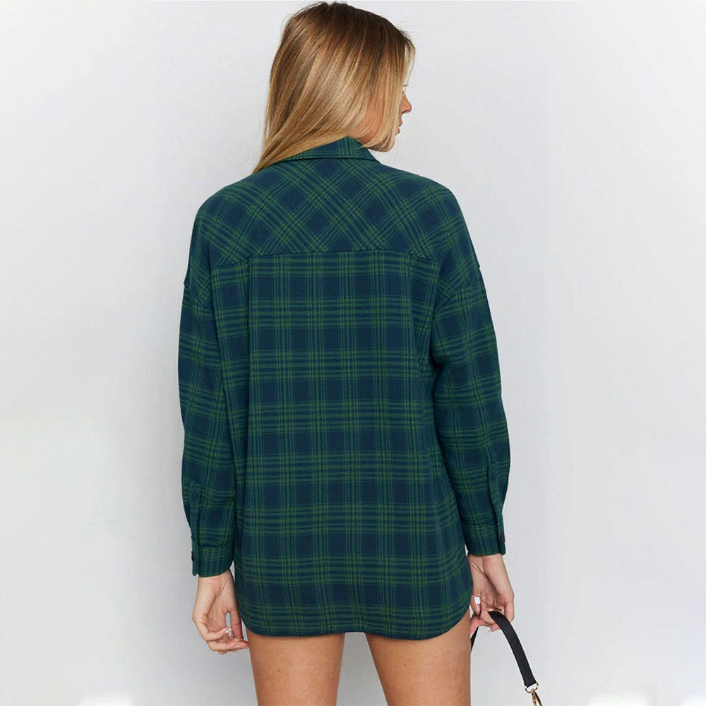 Women Long Sleeved Shirt Autumn Casual Loose Plaid Idle