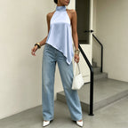 Women's Satin Halter Asymmetric Top