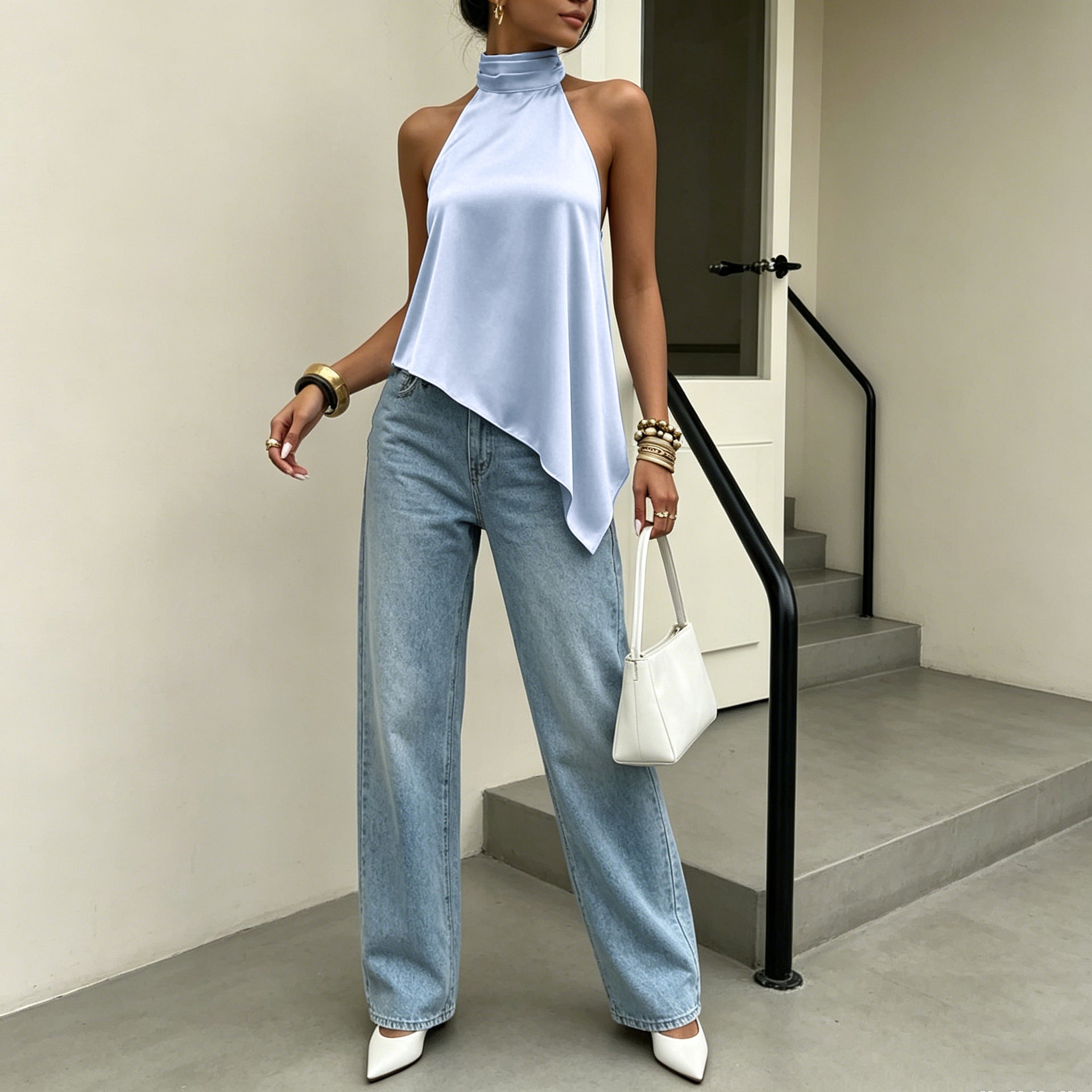 Women's Satin Halter Asymmetric Top