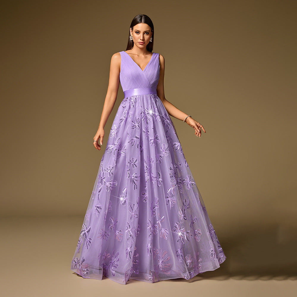 Women's Embroidered V-Neck A-Line Evening Maxi Dress