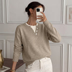 Women Faux Two Piece Half Open Button Knitted Sweater