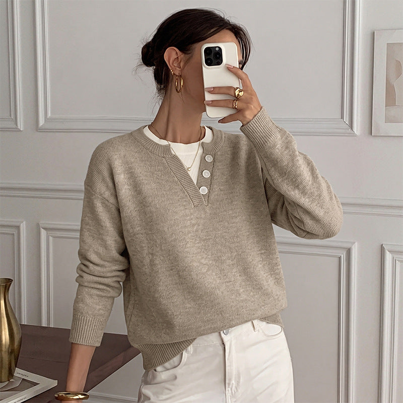 Women Faux Two Piece Half Open Button Knitted Sweater
