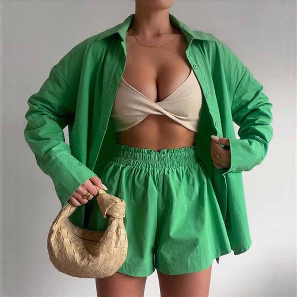 Spring Summer Solid Color Single Breasted Long-Sleeve Collared Shirt Shorts Loose Casual Two-Piece Set