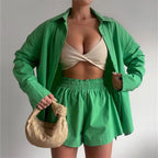 Spring Summer Solid Color Single Breasted Long-Sleeve Collared Shirt Shorts Loose Casual Two-Piece Set