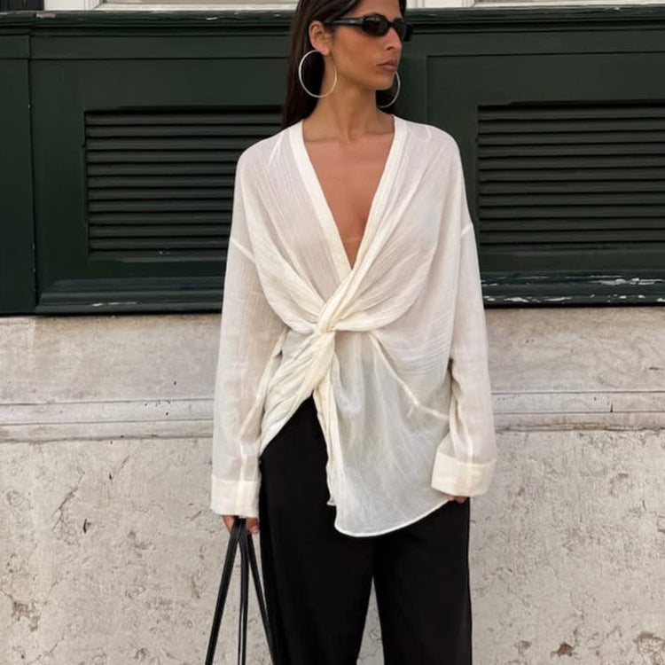 Special Interest Design Twisted V Neck Long Sleeve Loose Shirt French Top