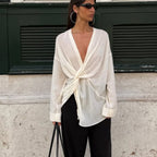 Special Interest Design Twisted V Neck Long Sleeve Loose Shirt French Top