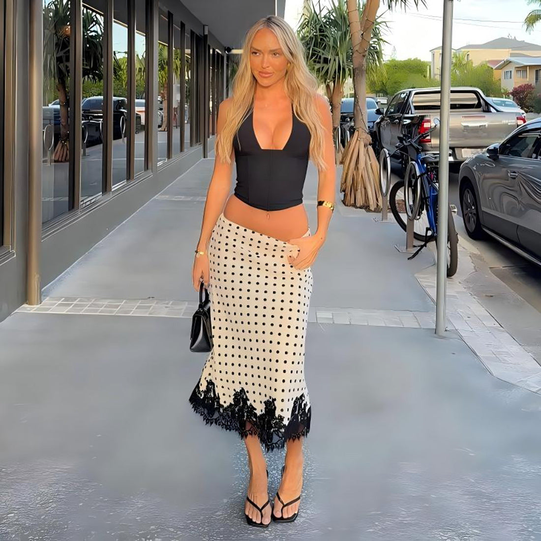 Polka Dot Printed Lace Stitching Midi Skirt
