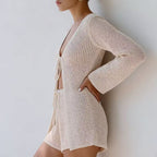 Beach Long Sleeved Cardigan Shorts Hollow Out Cutout out Strap Casual Knitted Vacation Sun Protection Blouse Two Piece Set