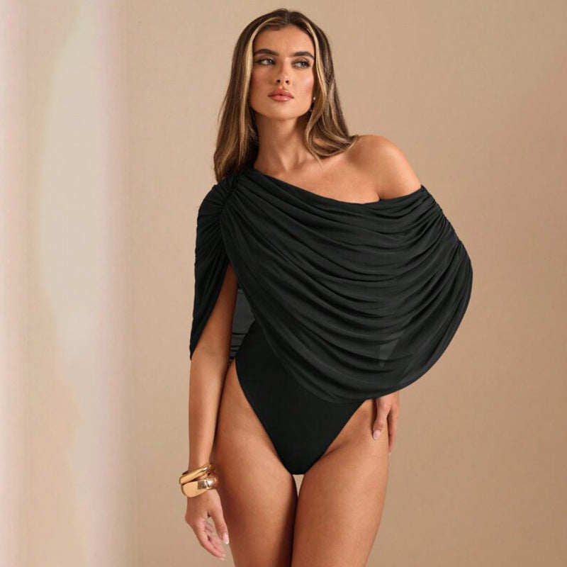 Sheer Mesh Pleated Off Shoulder Jumpsuit