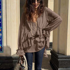 Chiffon V Neck Long Sleeve Shirt Pleated