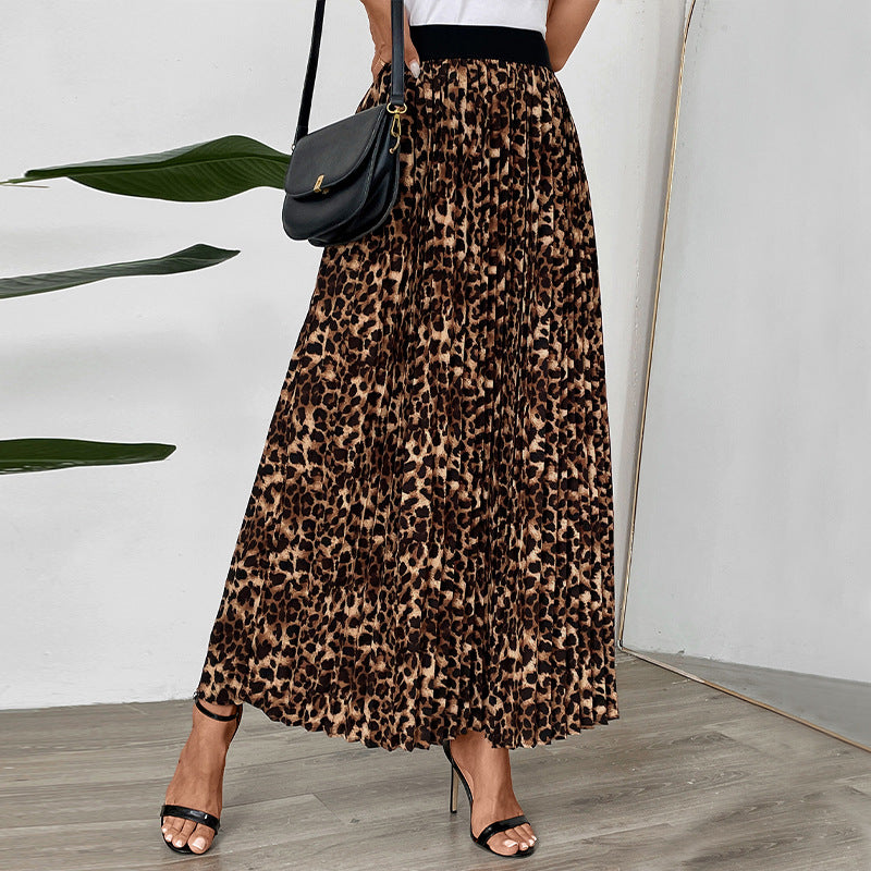 Solid Color Pleated Skirt Office Leopard Print Stud For