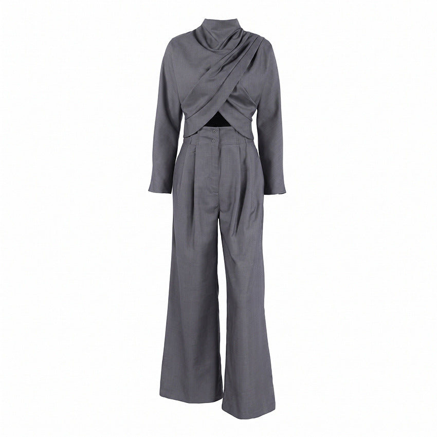 Women's Gray Turtleneck Top And Wide-Leg Pants Set
