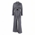 Women's Gray Turtleneck Top And Wide-Leg Pants Set