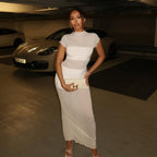 Women's Mock-Neck Lace Ruched Split Maxi Dress