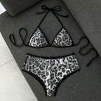 Leopard sequin triangle bikini: tie halter top and high-rise bottoms