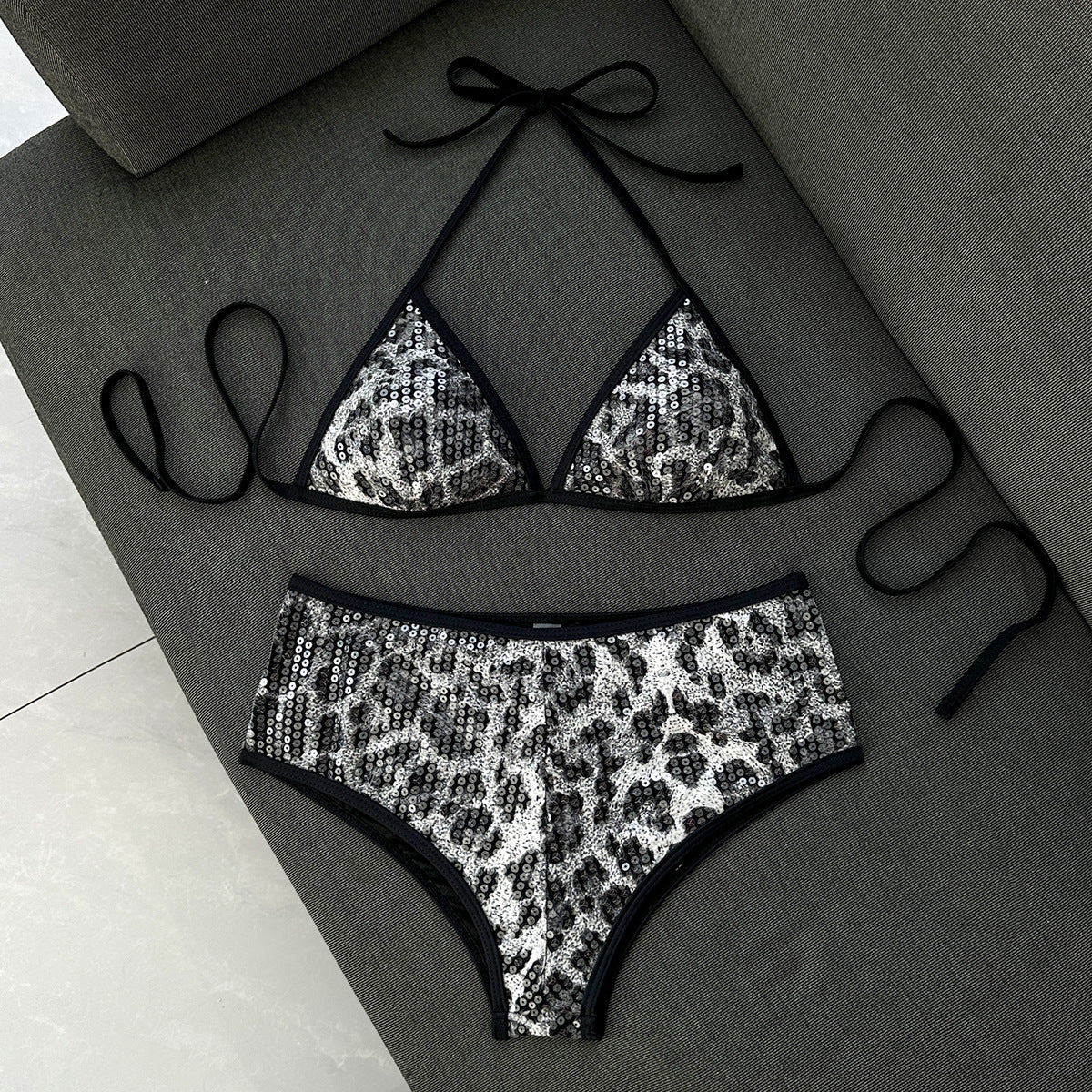Leopard sequin triangle bikini: tie halter top and high-rise bottoms