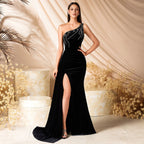 Velvet Sleeveless One Shoulder Evening Dress Velvet Fishtail Split Dress