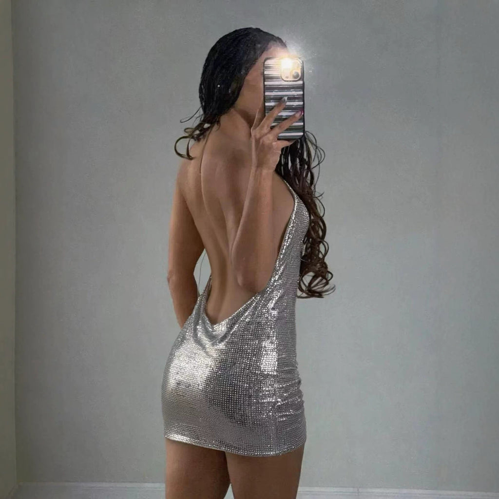 Metallic Chain Halter Mini Dress