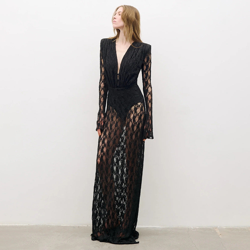 Women's Autumn Winter French Lace Long Sleeve Lining Dress Evening Christmas