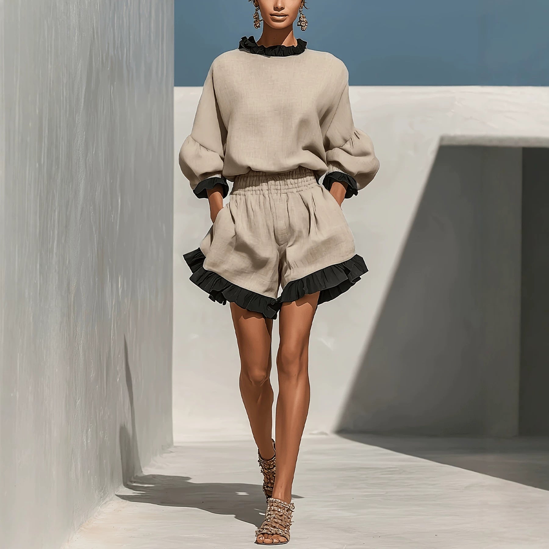 Women's Ruffle Top & Shorts Set