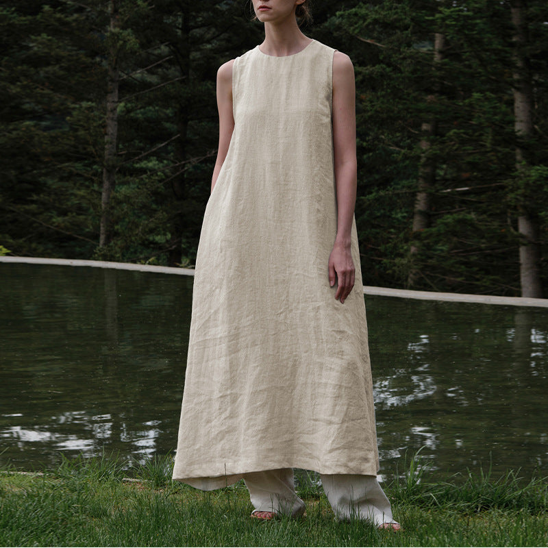 Cotton Linen Sleeveless Backless Maxi Dress