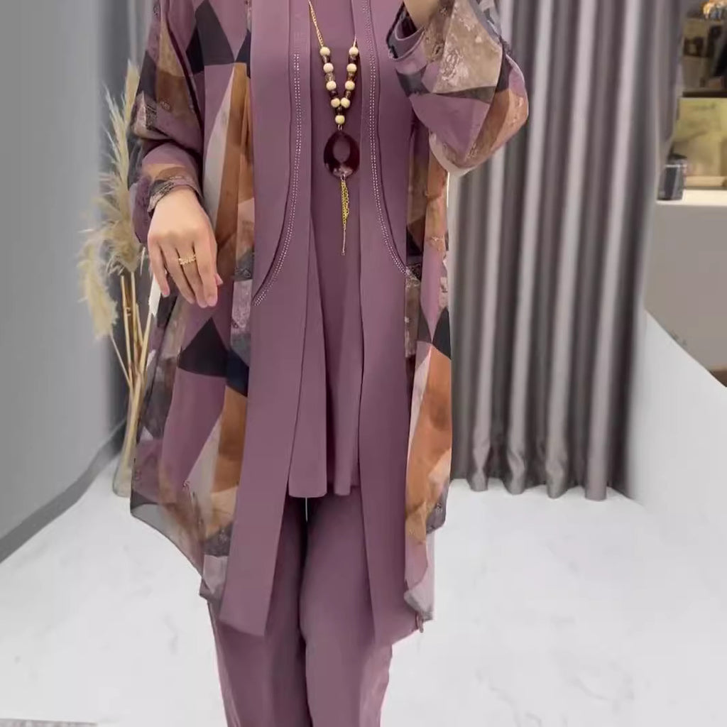 Casual Printed Thin Breathable High-Waist Trousers Lined Coat Three Pieces