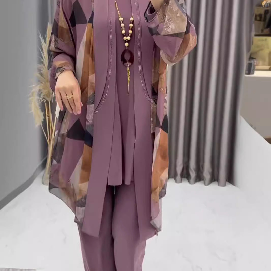 Casual Printed Thin Breathable High-Waist Trousers Lined Coat Three Pieces