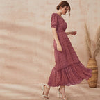 V-Neck Puff Short-Sleeve High-Waist Solid-Color Dress