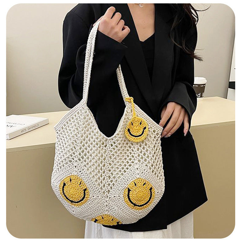 Smiley Woven Straw Shoulder Bag