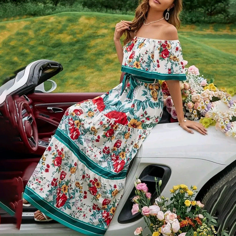 Spring Summer Off-Shoulder Printing Long Large Hem Dress