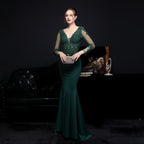 Women's Full Lace Diamond Bridal Long Sleeve Dinner Fishtail Evening Dress