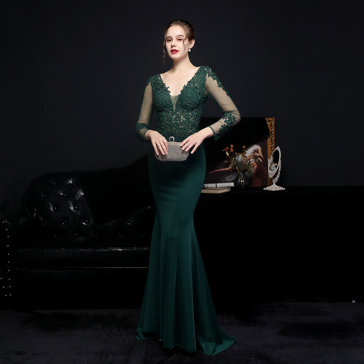 Women's Full Lace Diamond Bridal Long Sleeve Dinner Fishtail Evening Dress