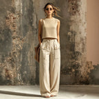 Khaki Linen Casual Two Piece Short Knitted Vest Pocket Wide Leg Pants Idle Two Piece Sets