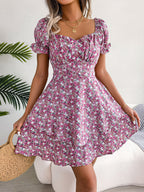Women's Spring Summer Elegant Floral Lace-Up Waist-Controlled Large Hem Dress Women Clothing