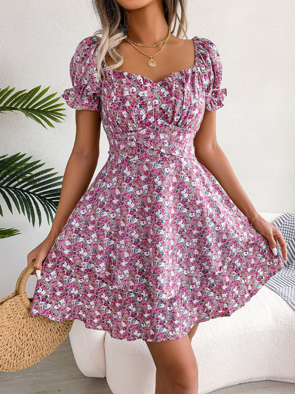 Women's Spring Summer Elegant Floral Lace-Up Waist-Controlled Large Hem Dress Women Clothing