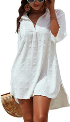 White textured V-neck mini dress with long sleeves and button-front placket