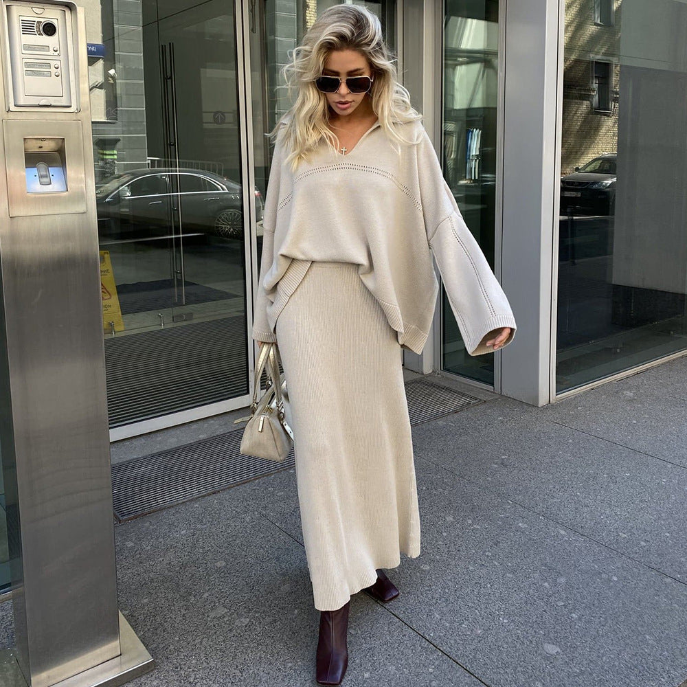 Women's Autumn Winter Minimalist V Neck Solid Color Loose Sweater Set